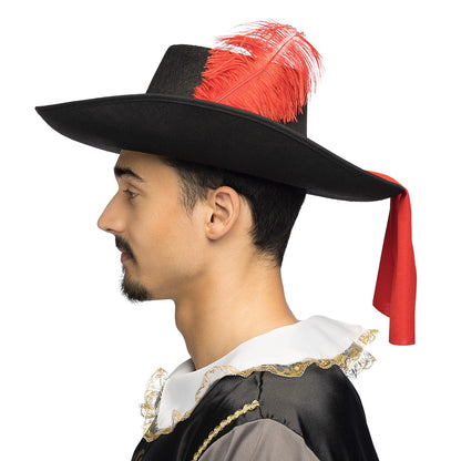 Chapeau Mousquetaire Noir Plume Rouge - Déguisement Baroque