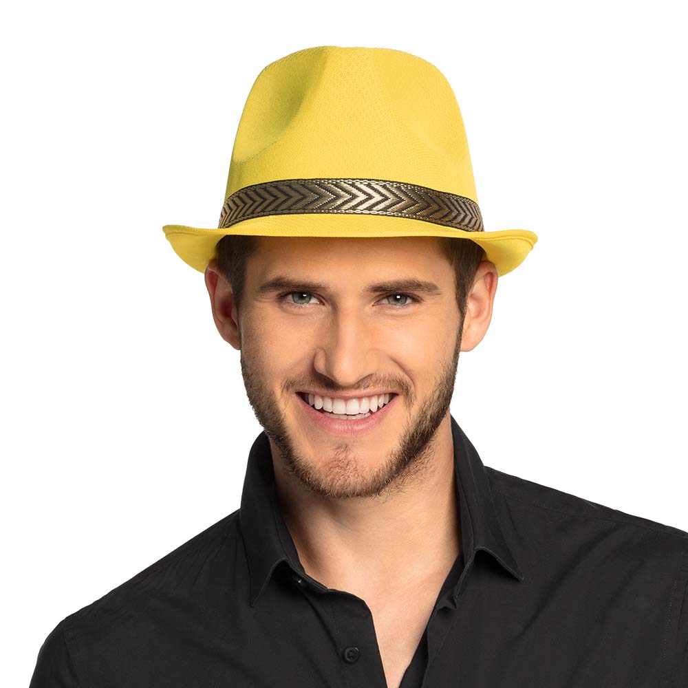 Chapeau Fedora Jaune Vif avec Ruban Chevron Noir