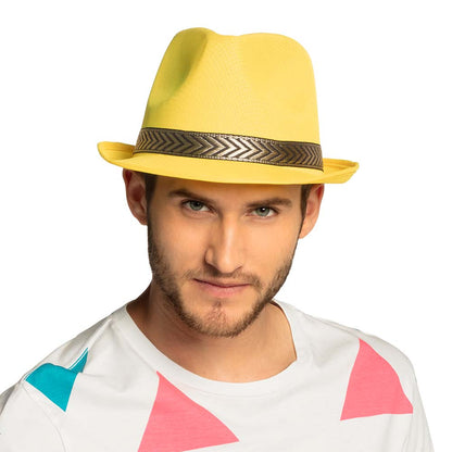 Chapeau Fedora Jaune Vif avec Ruban Chevron Noir