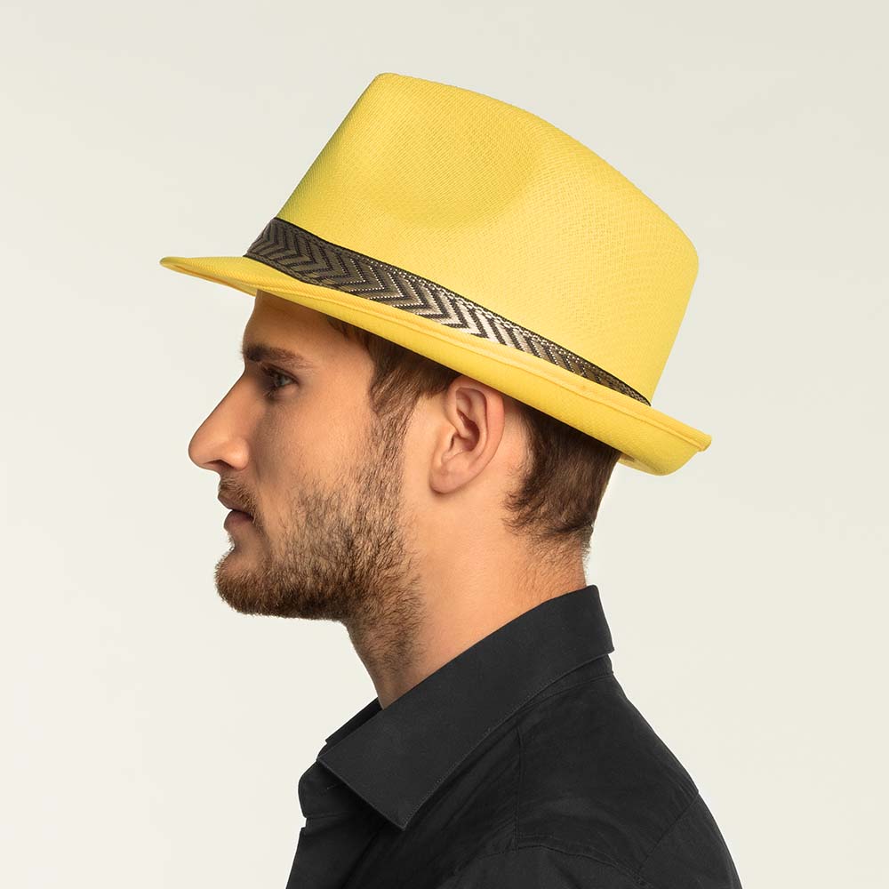 Chapeau Fedora Jaune Vif avec Ruban Chevron Noir