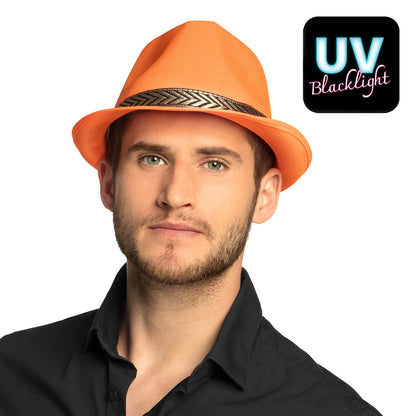 Chapeau Fedora Orange Fluo Déguisement Adulte Bande