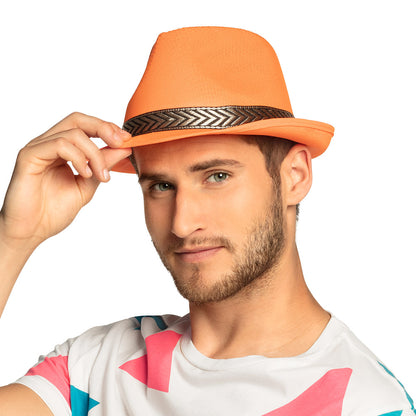 Chapeau Fedora Orange Fluo Déguisement Adulte Bande