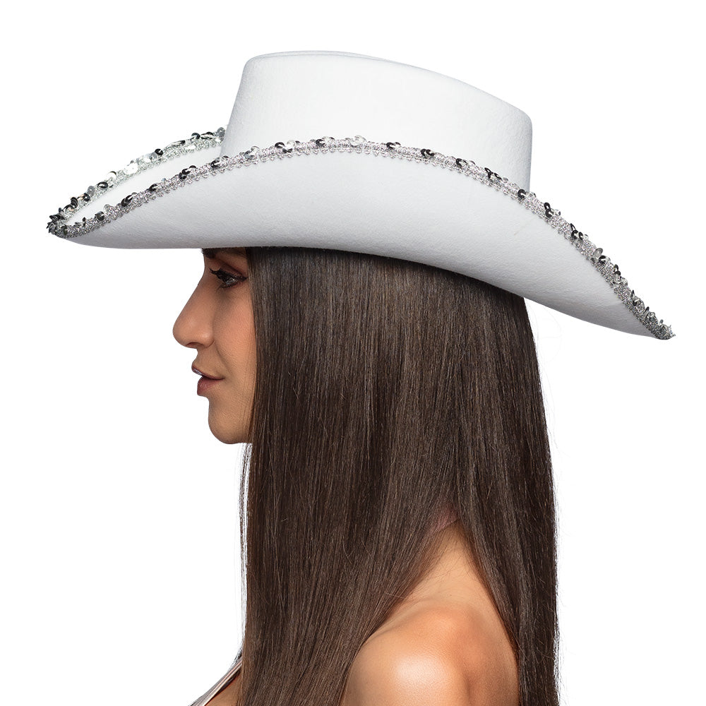 Chapeau Cowboy Blanc Strass Luxe - Accessoire Fête Adulte