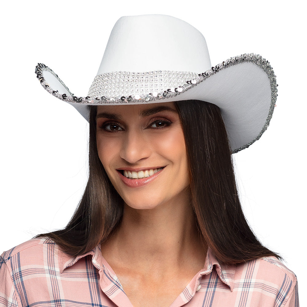 Chapeau Cowboy Blanc Strass Adulte - Accessoire Soirée
