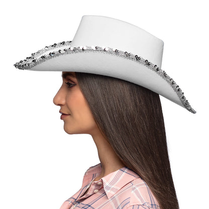 Chapeau Cowboy Blanc Strass Adulte - Accessoire Soirée