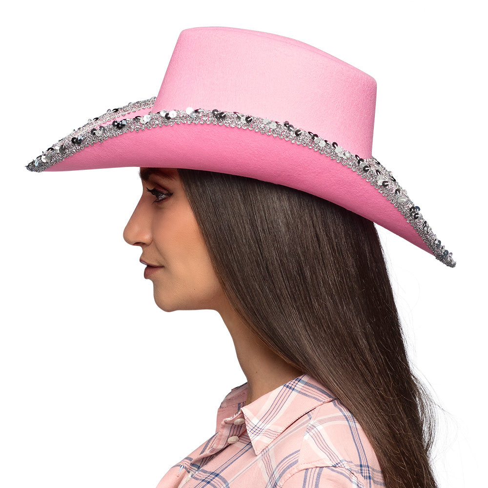 Chapeau Cowboy Rose Paillettes - Accessoire Fête Adulte