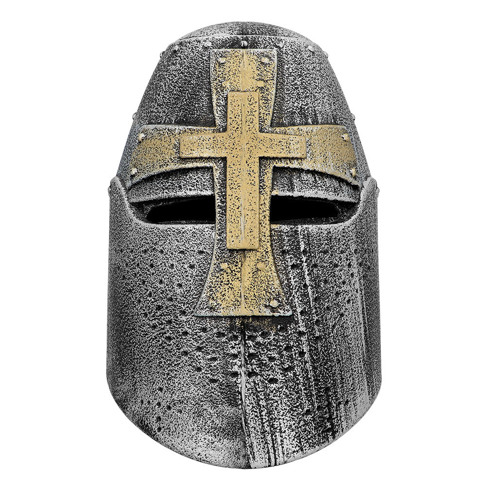 Casque Chevalier Médiéval Gris avec Croix Dorée