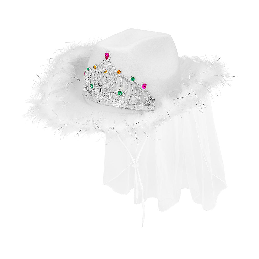 Chapeau Cow-girl Blanc Luxe avec Tiare Strass et Voile