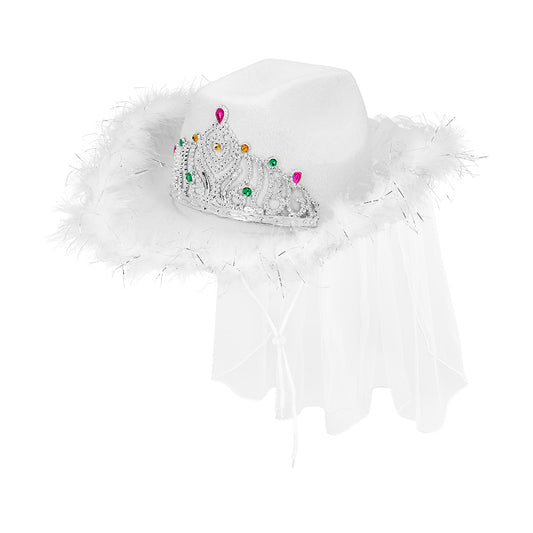 Chapeau Cow-girl Blanc Luxe avec Tiare Strass et Voile