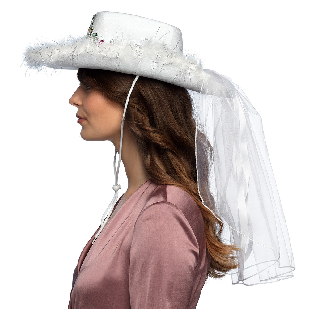 Chapeau Cow-girl Blanc Luxe avec Tiare Strass et Voile