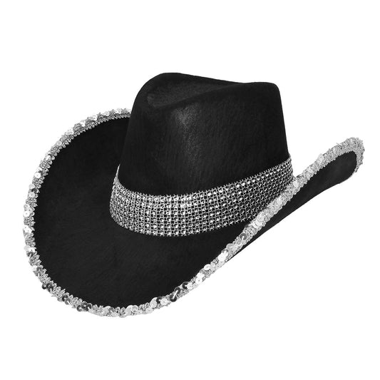 Chapeau Cowboy Noir Pailletté Argent - Accessoire Déguisement Adulte
