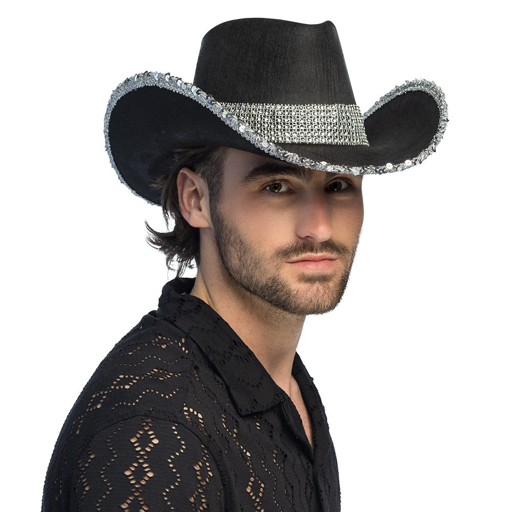 Chapeau Cowboy Noir Pailletté Argent - Accessoire Déguisement Adulte