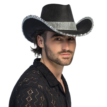 Chapeau Cowboy Noir Pailletté Argent - Accessoire Déguisement Adulte