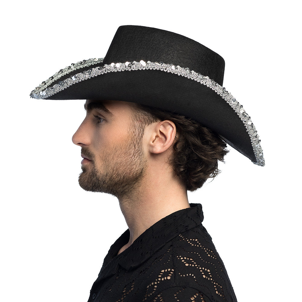 Chapeau Cowboy Noir Pailletté Argent - Accessoire Déguisement Adulte