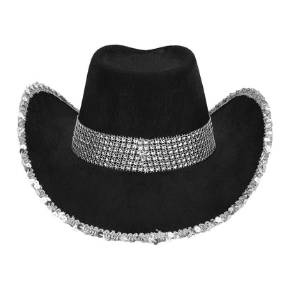 Chapeau Cowboy Noir Pailletté Argent - Accessoire Déguisement Adulte