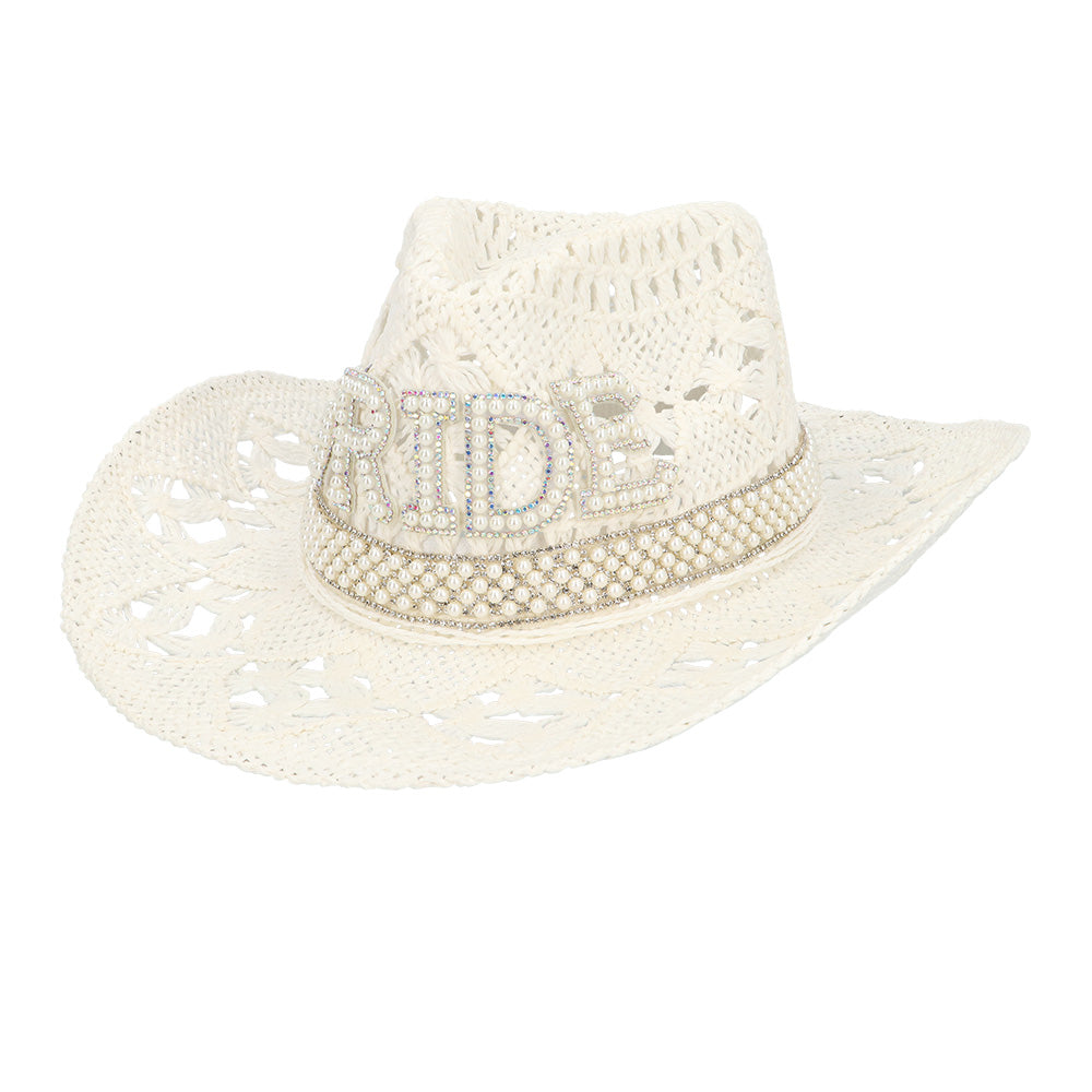 Chapeau Cowboy Blanc Dentelle Perlé - Accessoire Soirée Festive