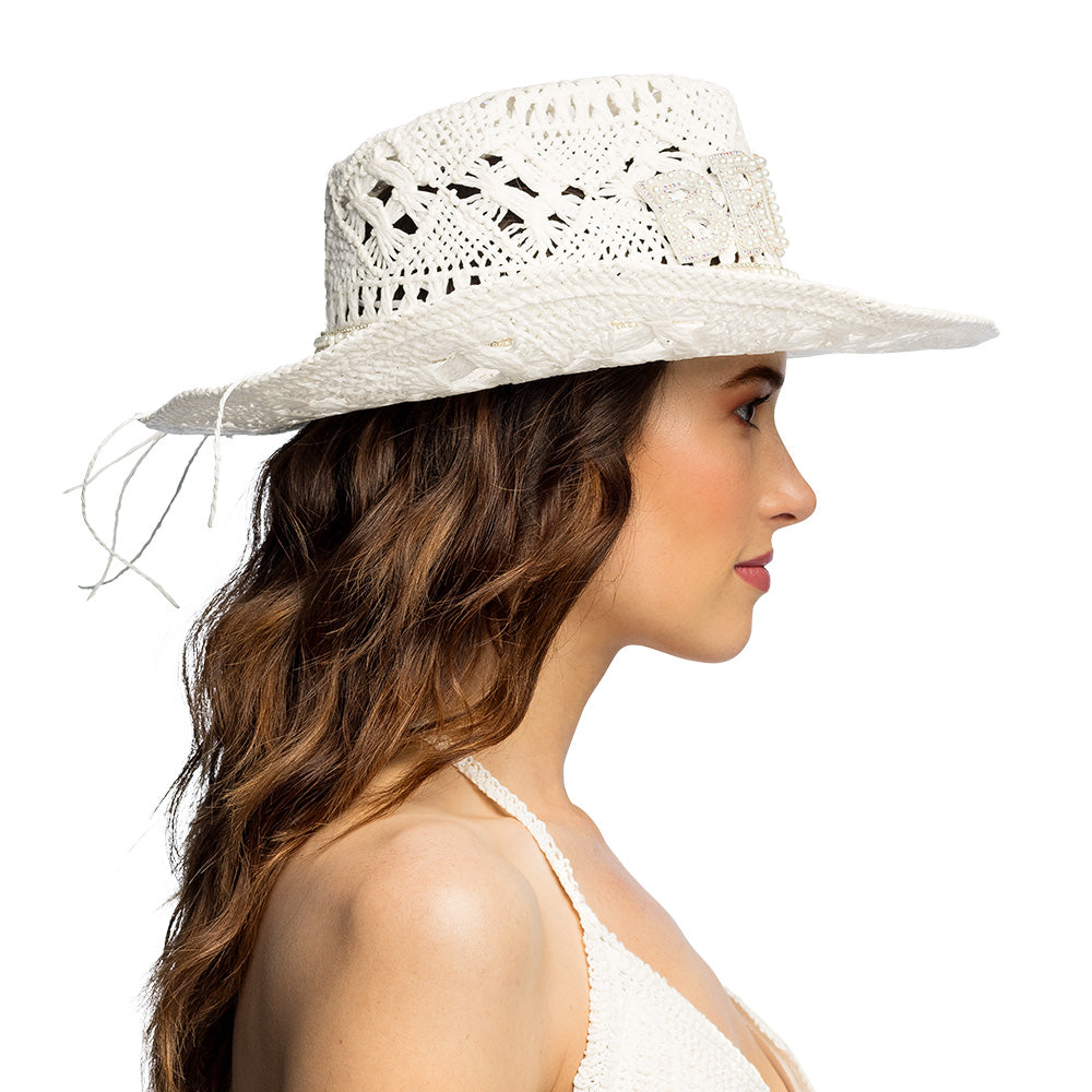Chapeau Cowboy Blanc Dentelle Perlé - Accessoire Soirée Festive