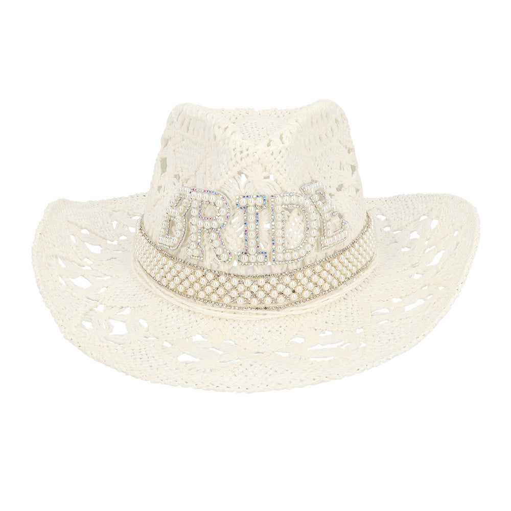 Chapeau Cowboy Blanc Dentelle Perlé - Accessoire Soirée Festive