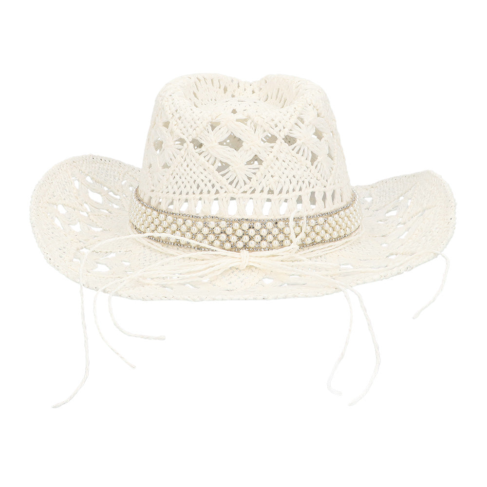 Chapeau Cowboy Blanc Dentelle Perlé - Accessoire Soirée Festive