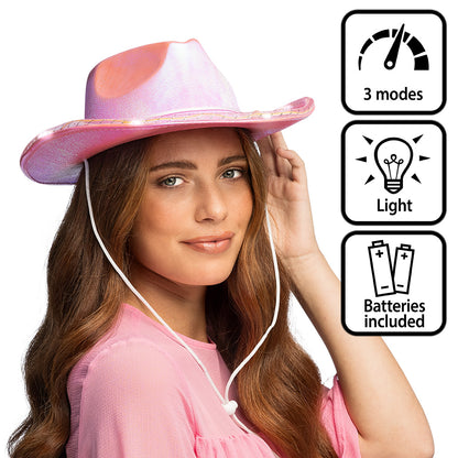 Chapeau Cowboy Rose Fluo LED - 3 Modes de Lumière