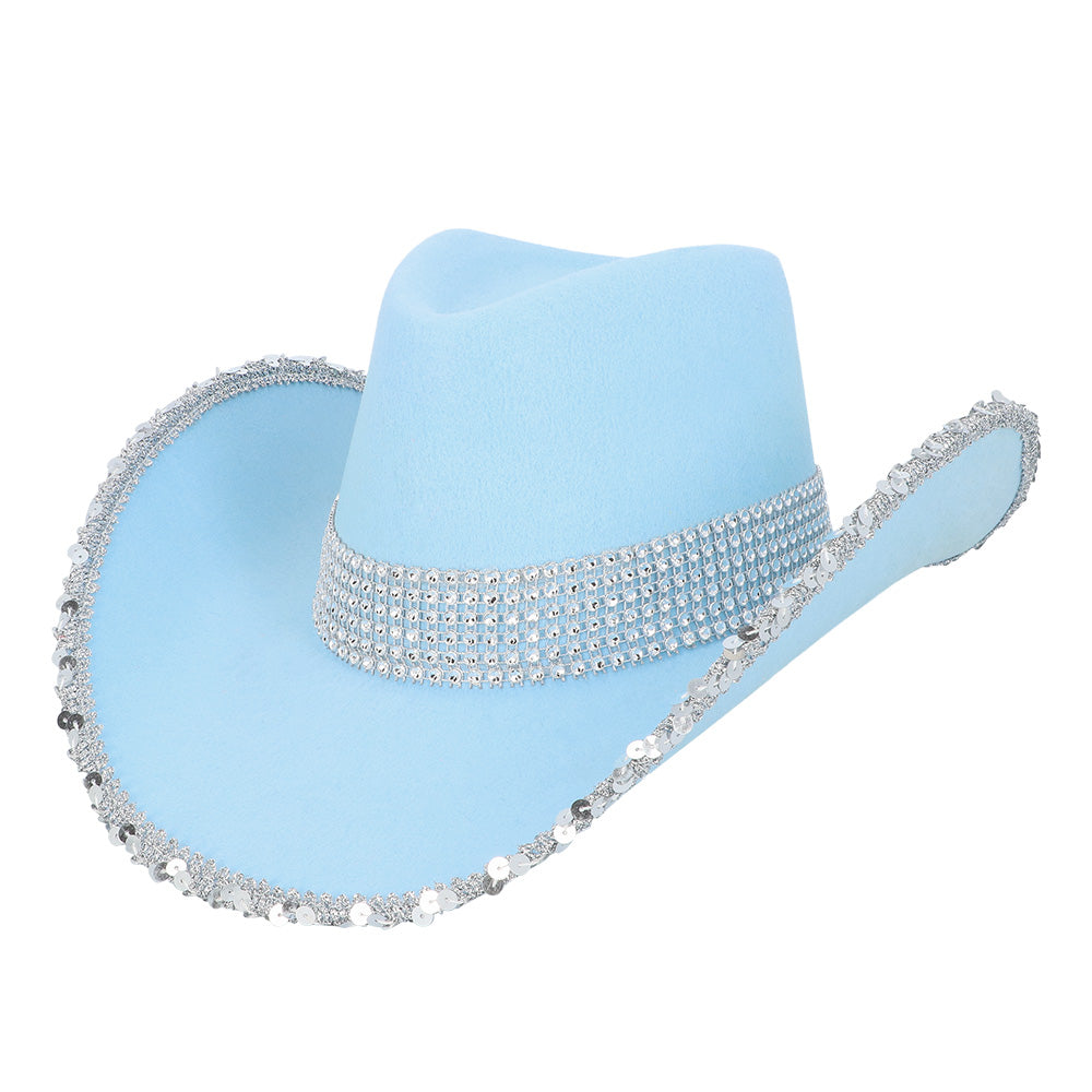 Chapeau Cowboy Bleu Ciel Paillettes UV Blacklight