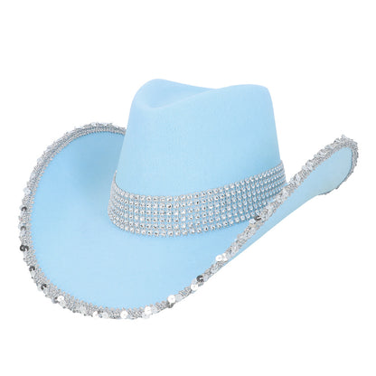 Chapeau Cowboy Bleu Ciel Paillettes UV Blacklight