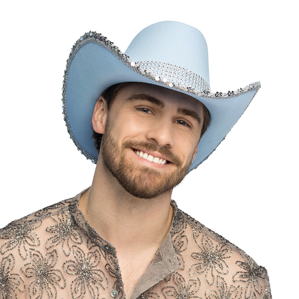 Chapeau Cowboy Bleu Ciel Paillettes UV Blacklight