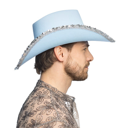 Chapeau Cowboy Bleu Ciel Paillettes UV Blacklight