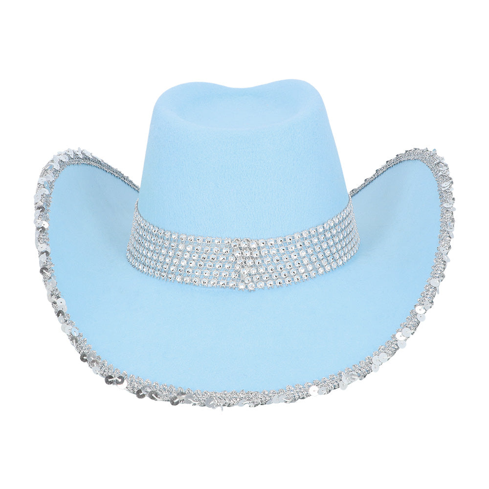 Chapeau Cowboy Bleu Ciel Paillettes UV Blacklight