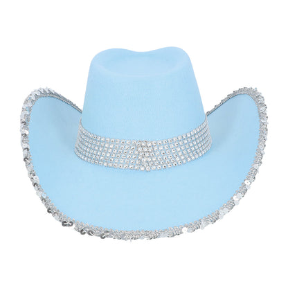Chapeau Cowboy Bleu Ciel Paillettes UV Blacklight