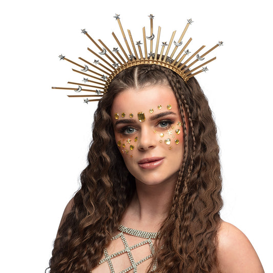 Couronne Soleil Étoiles et Lunes - Accessoire Festif Doré