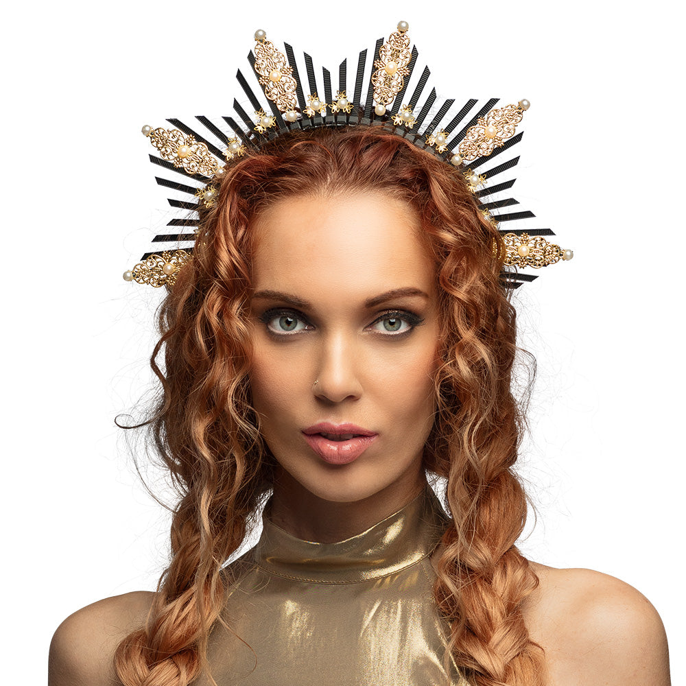 Couronne Soleil Luxe Or et Noir avec Perles - Accessoire de Fête