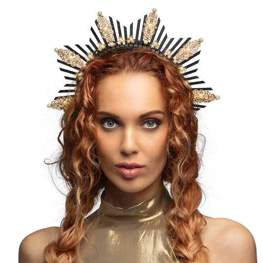Couronne Soleil Luxe Or et Noir avec Perles - Accessoire de Fête