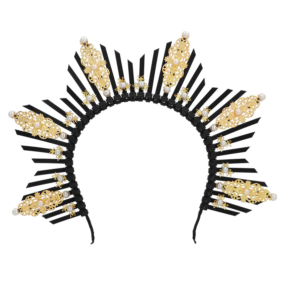 Couronne Soleil Luxe Or et Noir avec Perles - Accessoire de Fête