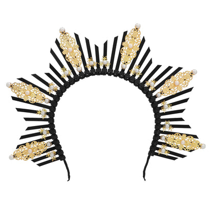 Couronne Soleil Luxe Or et Noir avec Perles - Accessoire de Fête