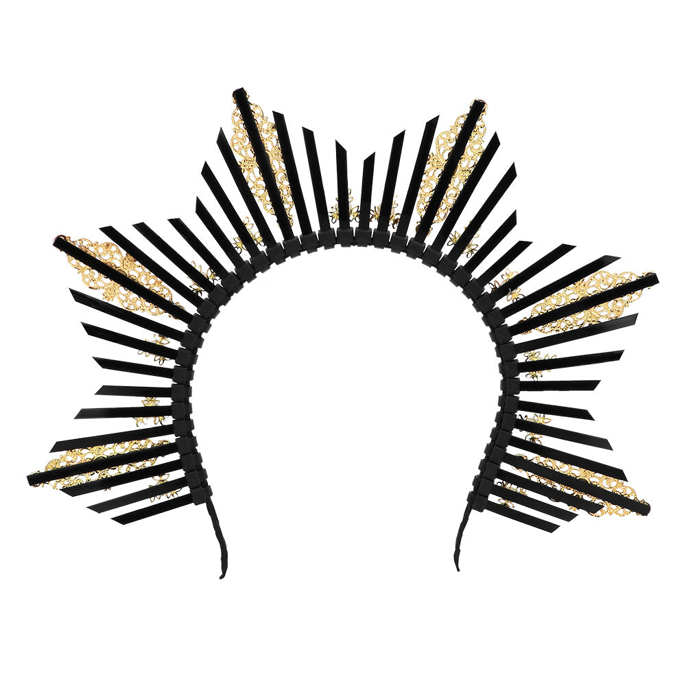 Couronne Soleil Luxe Or et Noir avec Perles - Accessoire de Fête