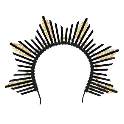 Couronne Soleil Luxe Or et Noir avec Perles - Accessoire de Fête