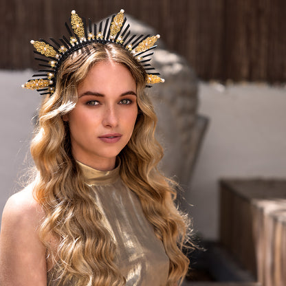Couronne Soleil Luxe Or et Noir avec Perles - Accessoire de Fête