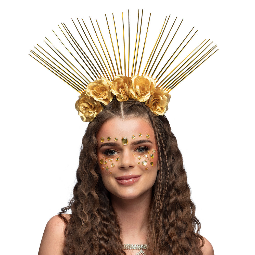 Couronne Dorée Fleurs & Halo Lumineux - Accessoire Fête Divin