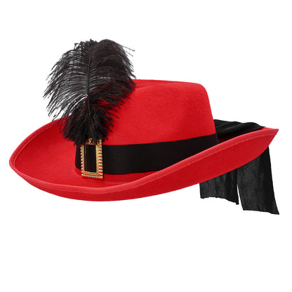 Chapeau Cowboy Rouge Luxe avec Plume Noire et Accessoires