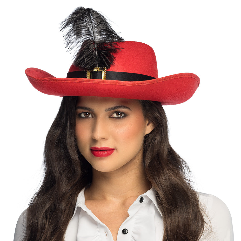 Chapeau Cowboy Rouge Luxe avec Plume Noire et Accessoires