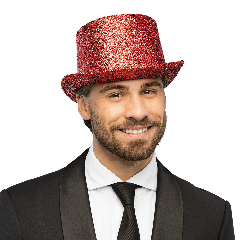 Chapeau Haut de Forme Paillettes Rouge 59 cm - Soirée Glamour