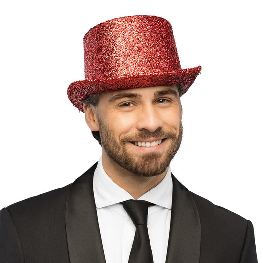Chapeau Haut de Forme Paillettes Rouge 59 cm - Soirée Glamour