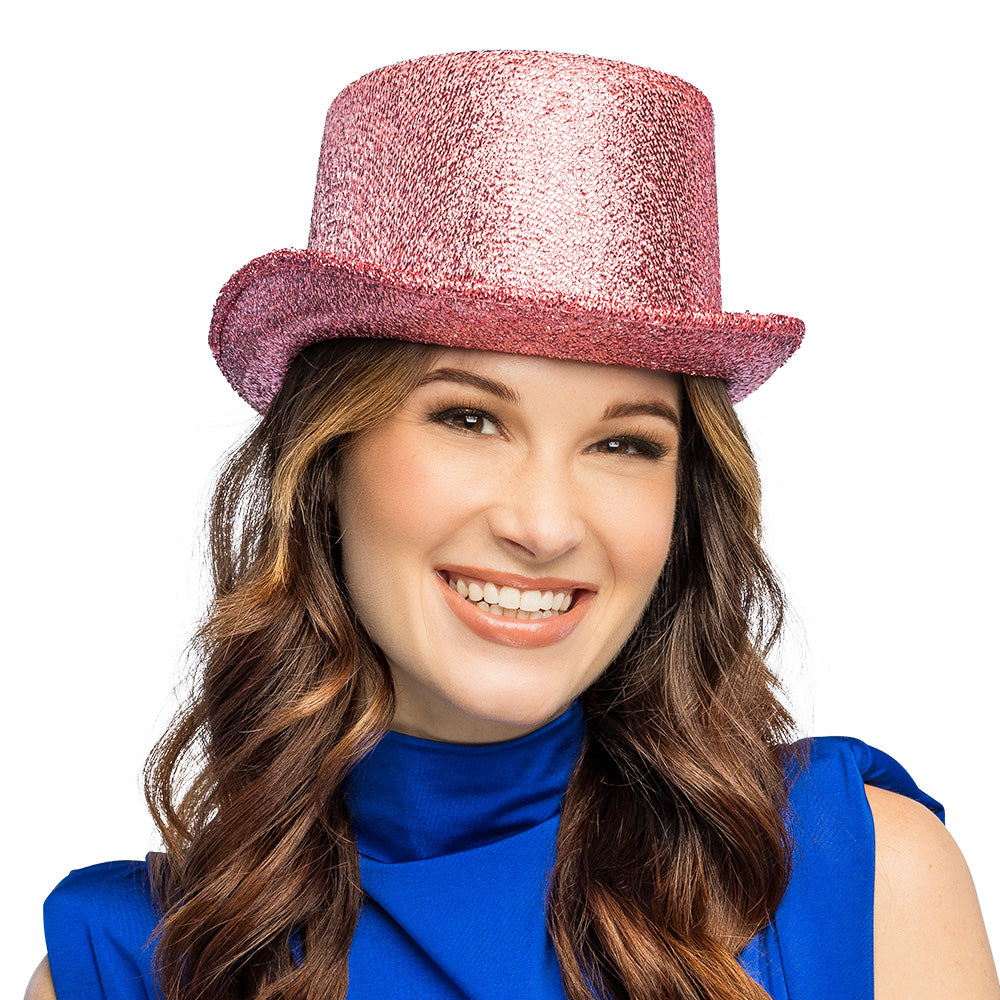 Chapeau Haut de Forme Paillettes Rose Brillant 59cm