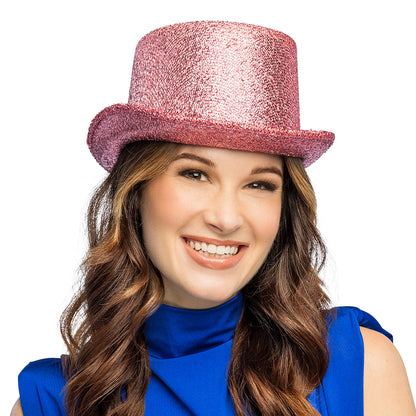 Chapeau Haut de Forme Paillettes Rose Brillant 59cm