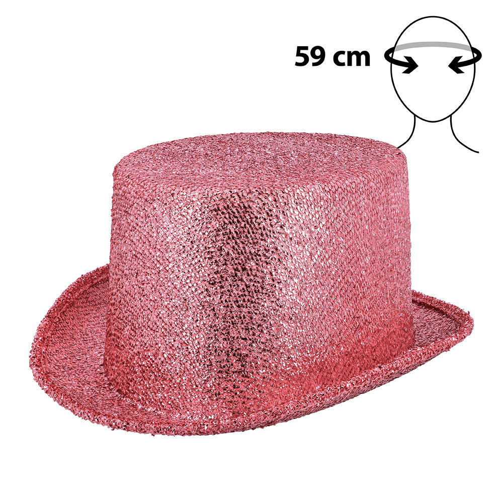 Chapeau Haut de Forme Paillettes Rose Brillant 59cm