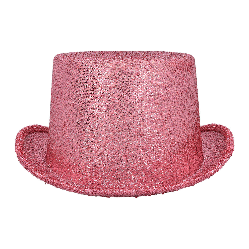 Chapeau Haut de Forme Paillettes Rose Brillant 59cm