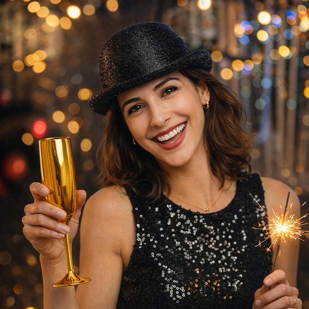 Chapeau Melon Paillettes Noir 58cm - Accessoire Soirée