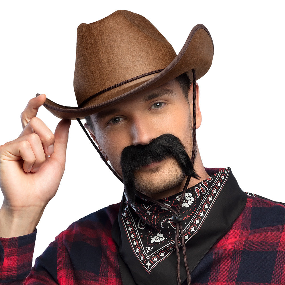 Chapeau Cowboy Marron Western avec Moustache Noire Adulte