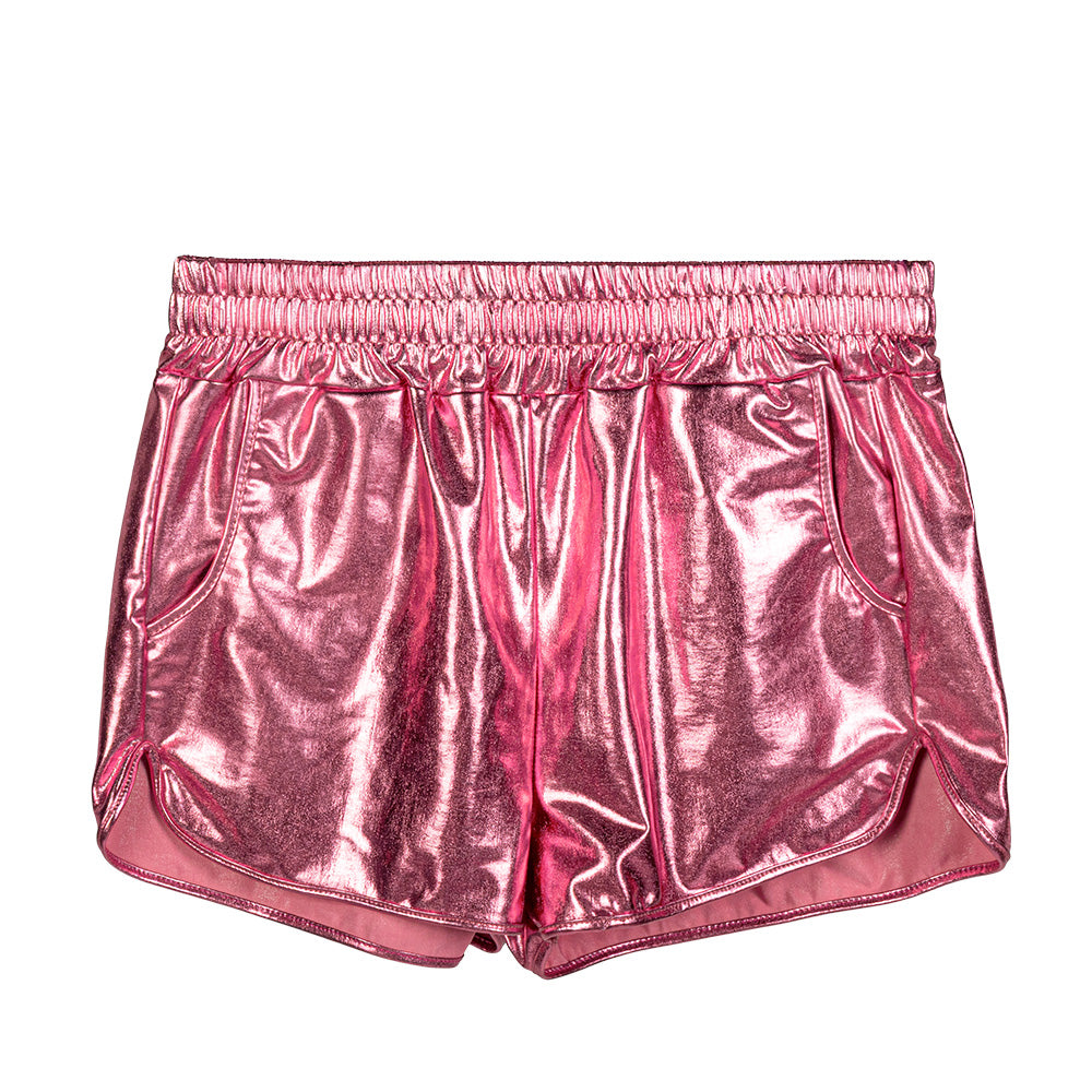 Short Métallisé Rose Fluo Femme - 2 Poches Taille Haute